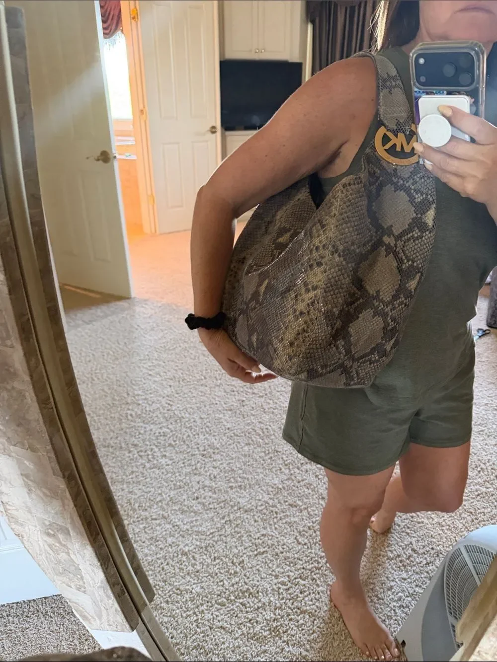 Michael Kors Brown Taupe Snake-Print Shoulder Bag with Gold MK Accent